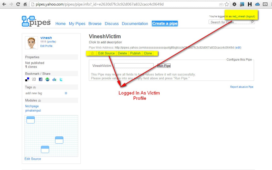 Insufficient Authorization Vulnerability in Yahoo! Pipes